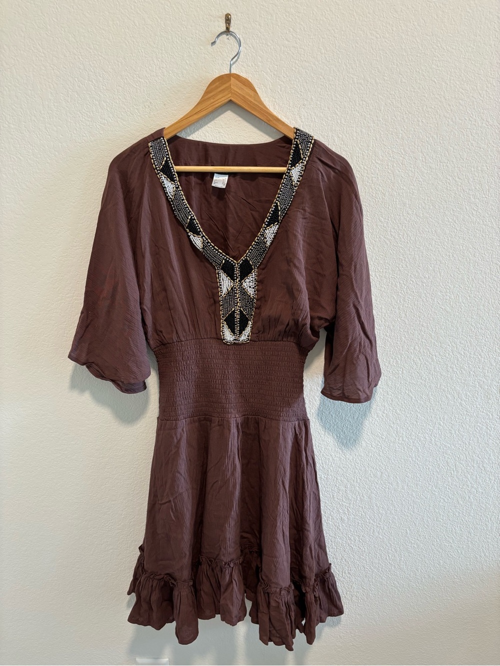Brown V-Neck Smocked Waist Women’s Dress with Embellished beaded Trim